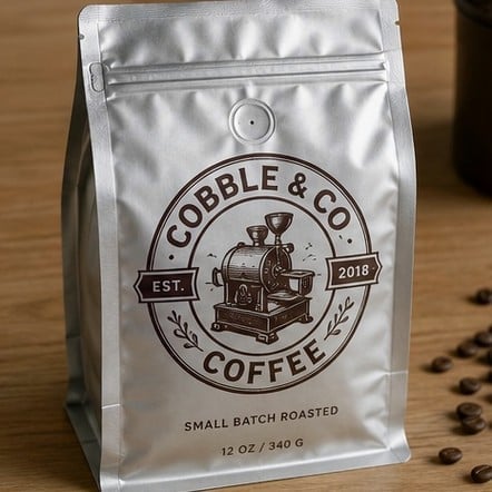 Metallic mylar foil ziplock bag printed with a brand logo for coffee and long-shelf-life goods