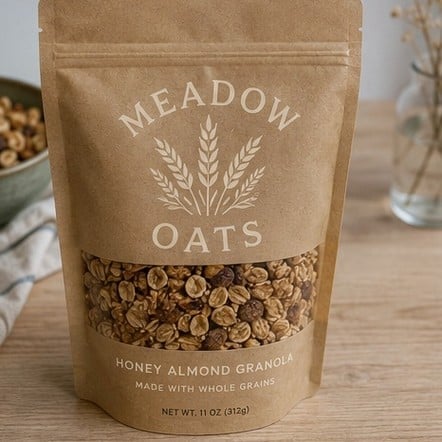 Natural kraft stand-up zip pouch with a clear window and printed brand logo showing granola