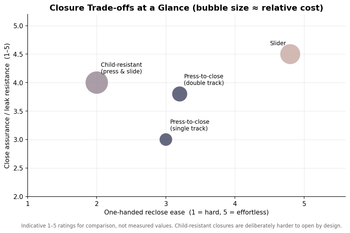 Bubble scatter plot positioning closures by one-handed reclose ease versus close assurance, with bubble size showing relative cost